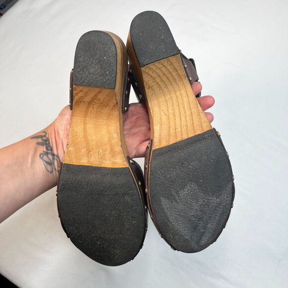 Lisa B Peep Toe Clogs Low Wood Heel Chocolate Brown Leather 40 Boho US 8.5 / 9 - Picture 8 of 13